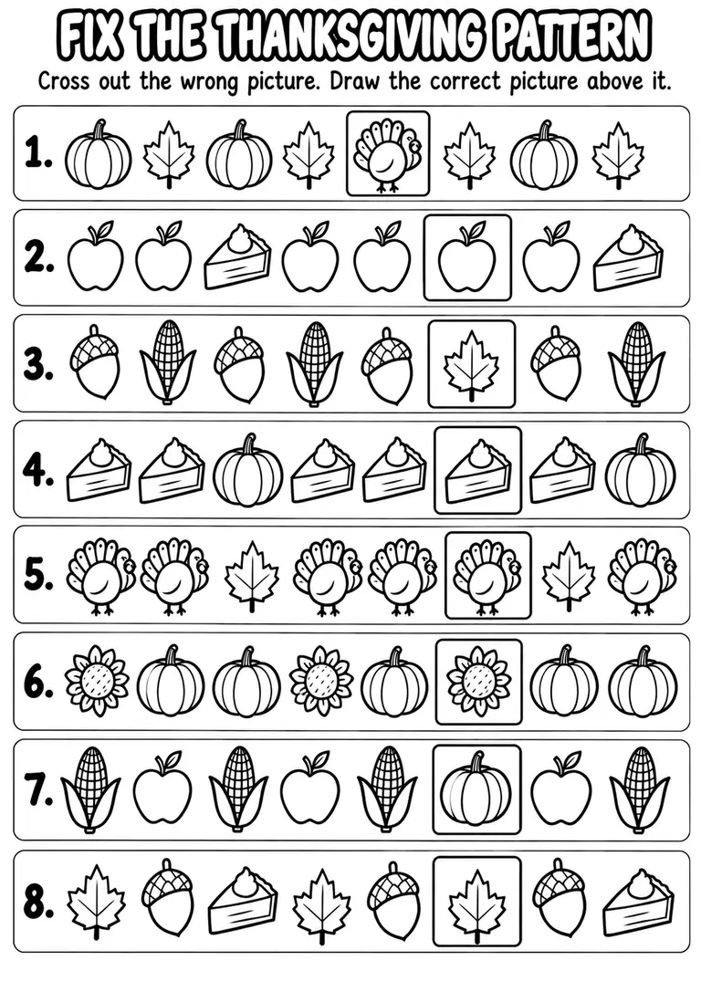 Fix the Thanksgiving Pattern for Pre-K, Kindergarten, 1st Grade