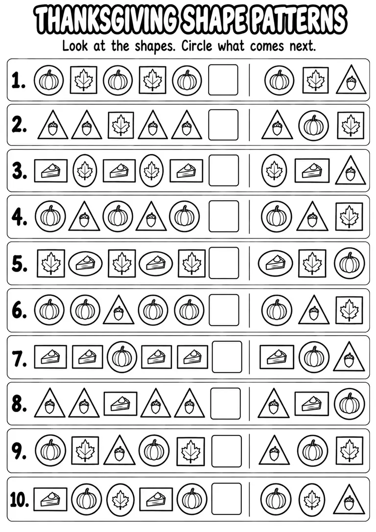 Thanksgiving Shape Patterns for Pre-K, Kindergarten, 1st Grade