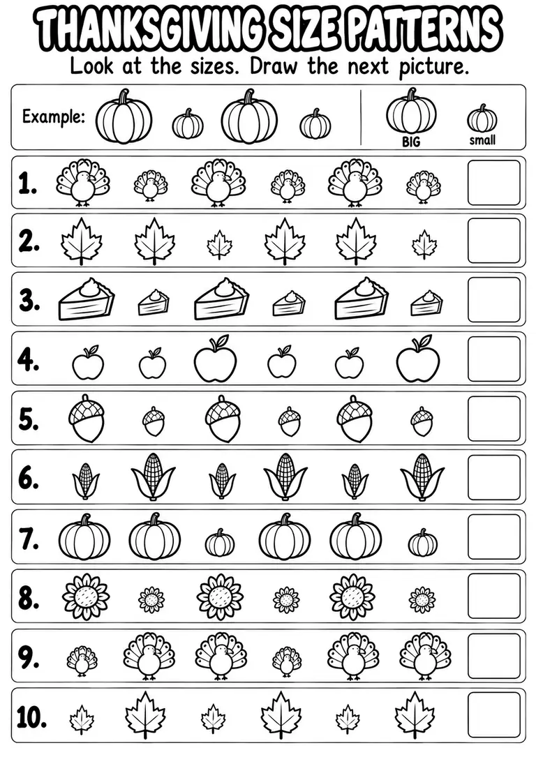 Thanksgiving Size Patterns for Pre-K, Kindergarten, 1st Grade