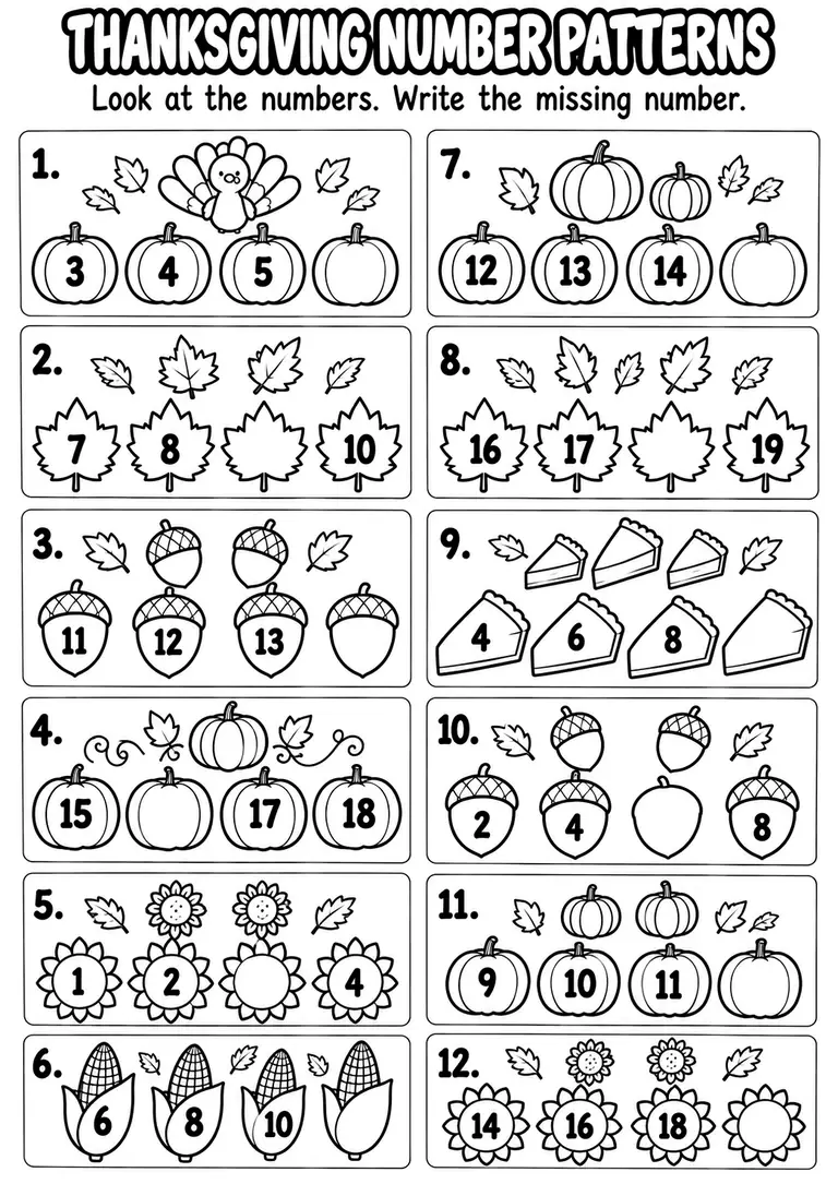 Thanksgiving Number Patterns WORKSHEET for Pre-K, Kindergarten, 1st Grade