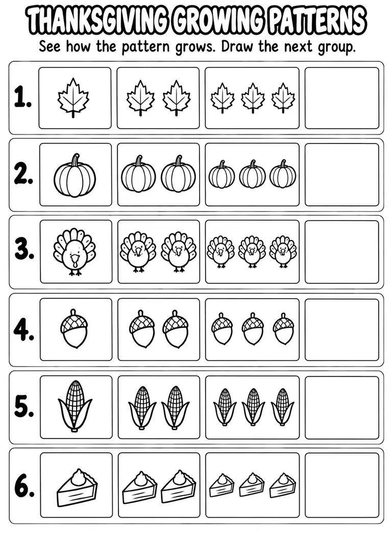 Thanksgiving Growing Patterns for Pre-K, Kindergarten, 1st Grade