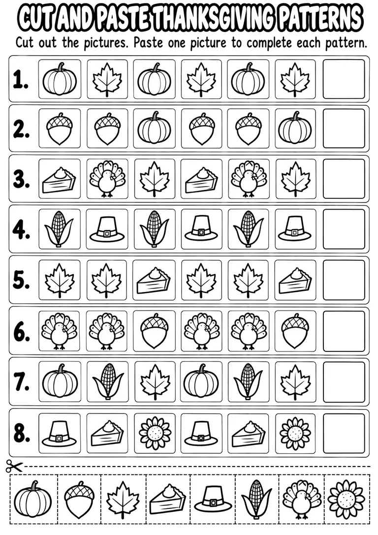Cut and Paste Thanksgiving Patterns for Pre-K, Kindergarten, 1st Grade