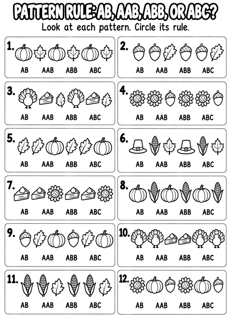 Pattern Rule: AB, AAB, ABB, or ABC? for Pre-K, Kindergarten, 1st Grade