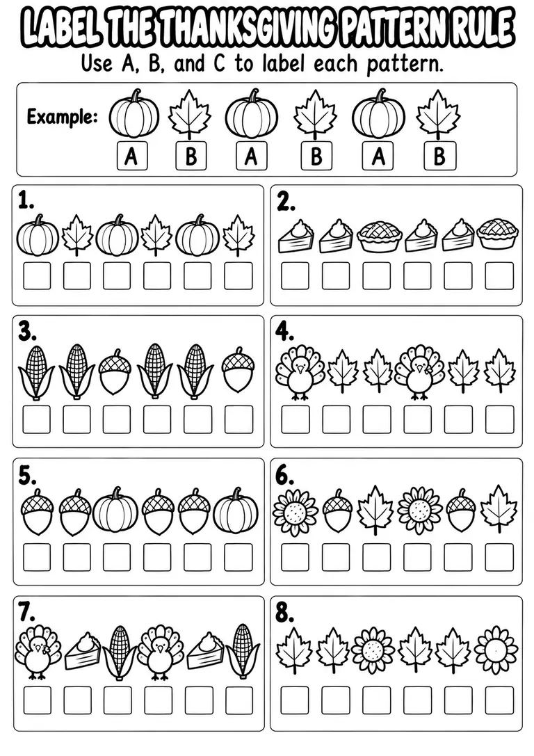 Label the Thanksgiving Pattern Rule for Pre-K, Kindergarten, 1st Grade