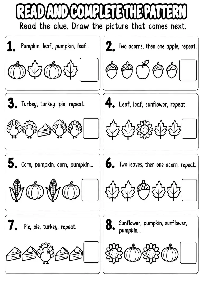 Read and Complete the Pattern for Pre-K, Kindergarten, 1st Grade