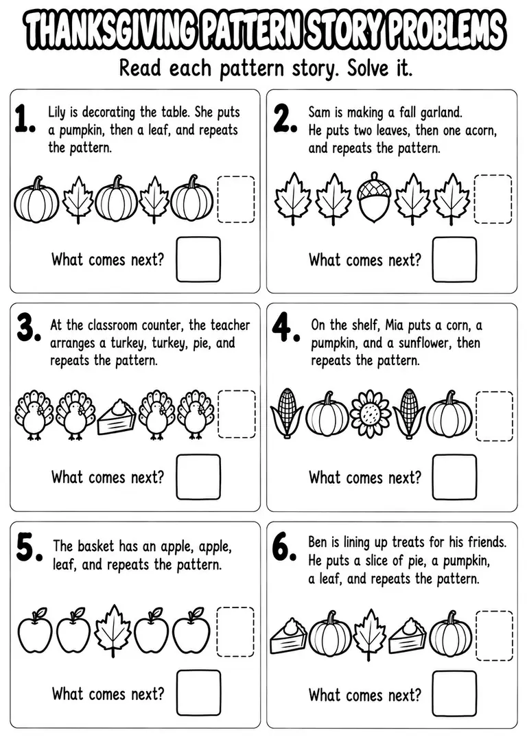 Thanksgiving Pattern Story Problems for Pre-K, Kindergarten, 1st Grade