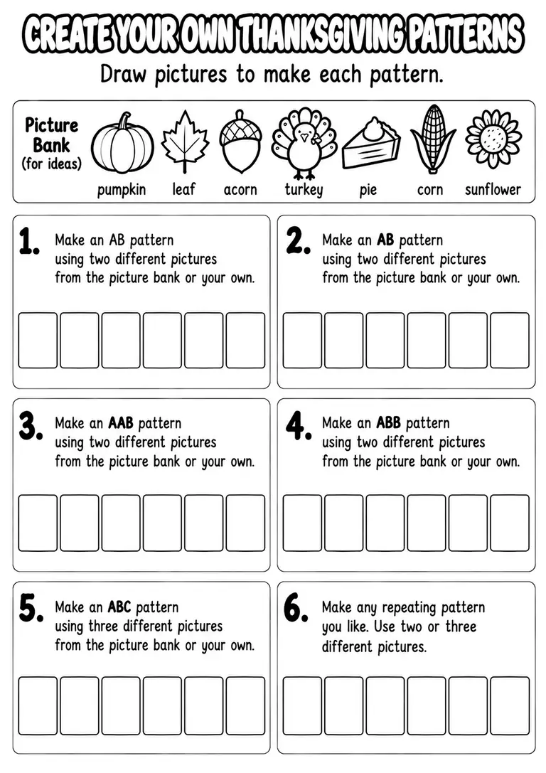 Create Your Own Thanksgiving Patterns for Pre-K, Kindergarten, 1st Grade