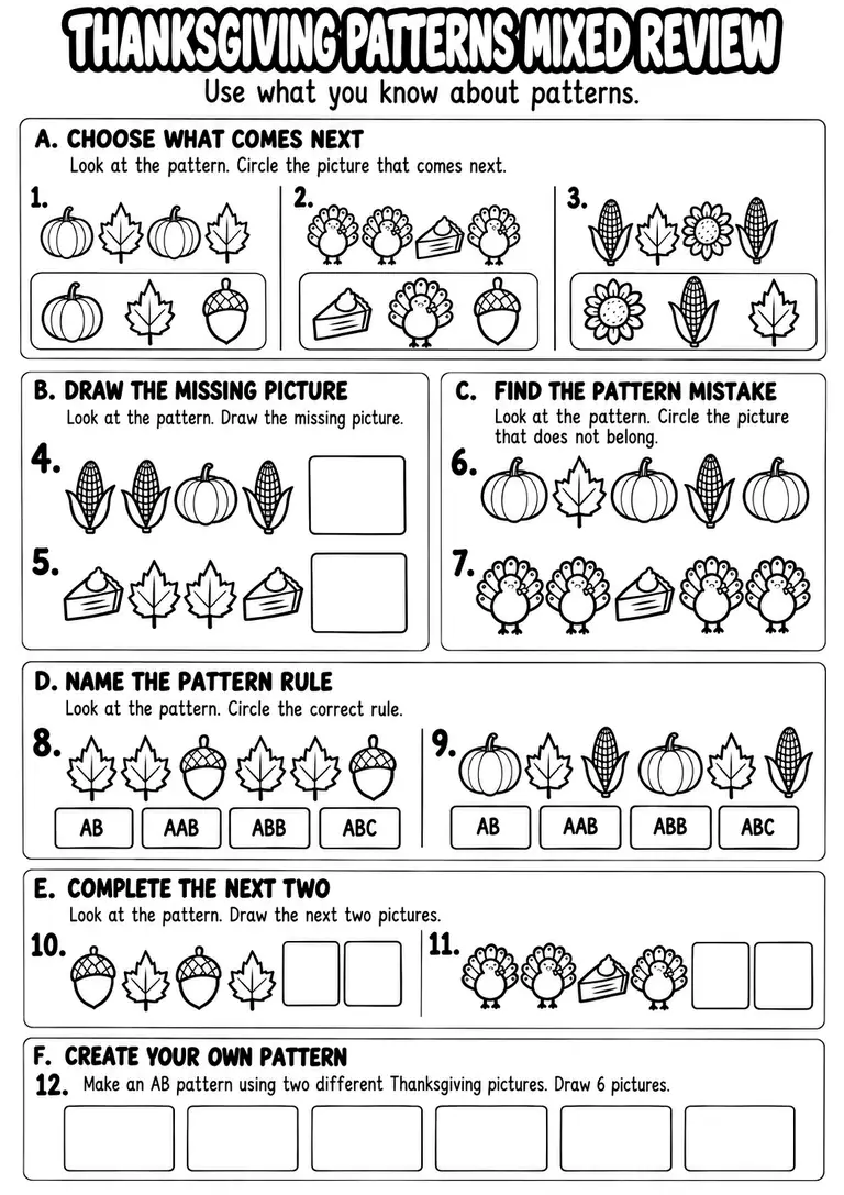 Thanksgiving Patterns Mixed Review for Pre-K, Kindergarten, 1st Grade