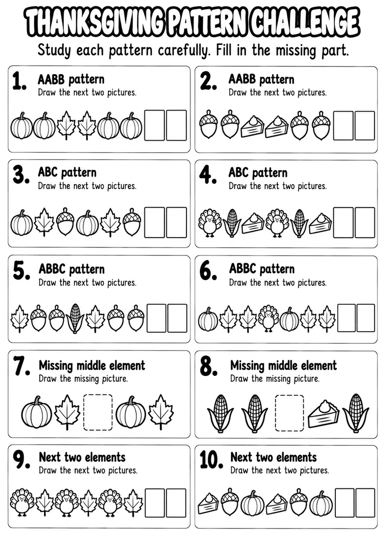 Thanksgiving Pattern Challenge for Pre-K, Kindergarten, 1st Grade