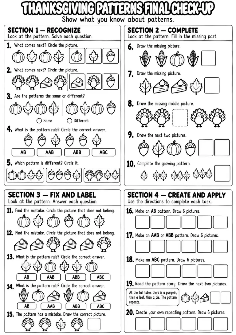 Thanksgiving Patterns Final Check-Up for Pre-K, Kindergarten, 1st Grade