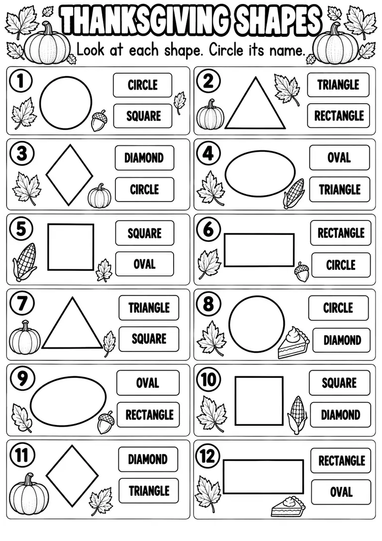 THANKSGIVING SHAPES for Pre-K, Kindergarten, 1st Grade