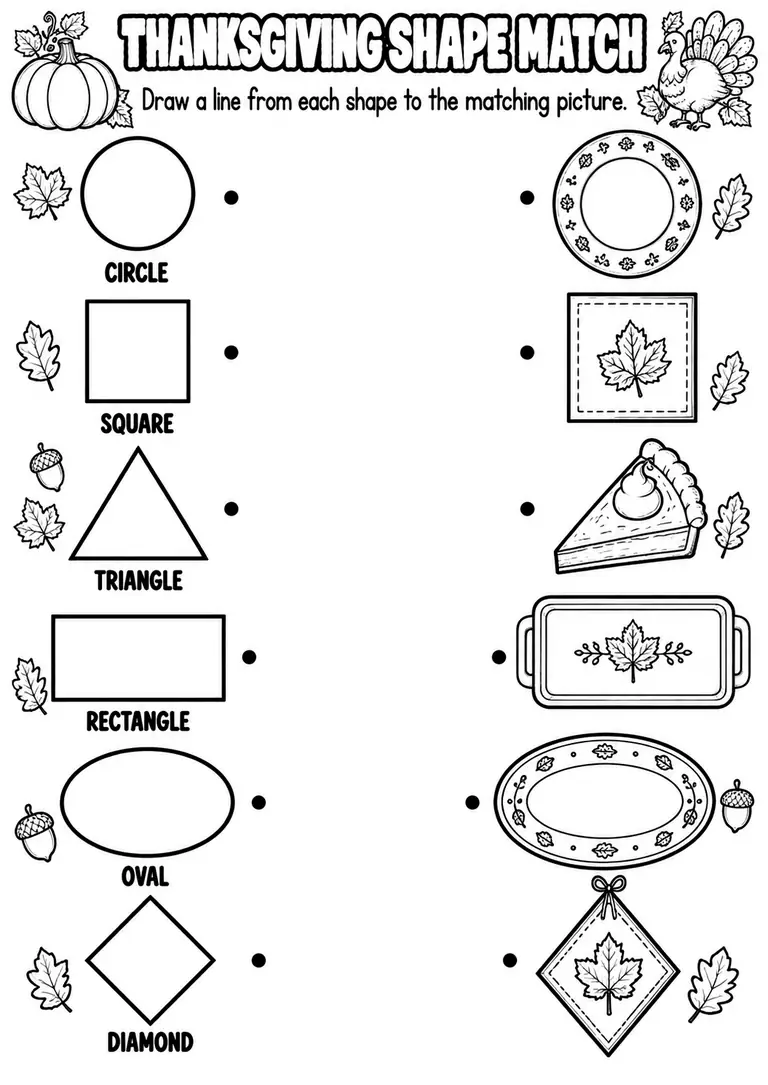 THANKSGIVING SHAPE MATCH for Pre-K, Kindergarten, 1st Grade