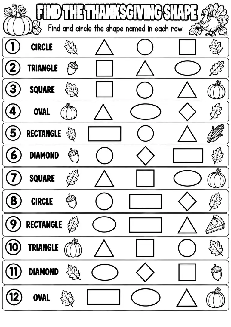 FIND THE THANKSGIVING SHAPE for Pre-K, Kindergarten, 1st Grade