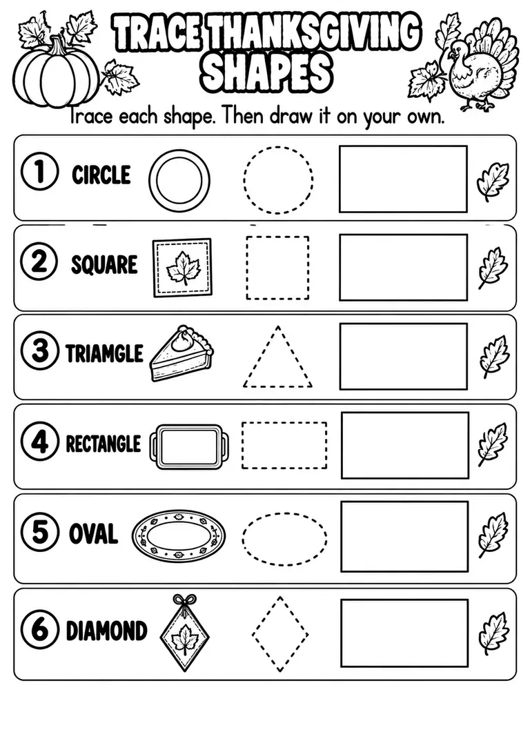 TRACE THANKSGIVING SHAPES for Pre-K, Kindergarten, 1st Grade