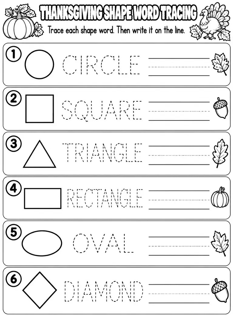THANKSGIVING SHAPE WORD TRACING for Pre-K, Kindergarten, 1st Grade