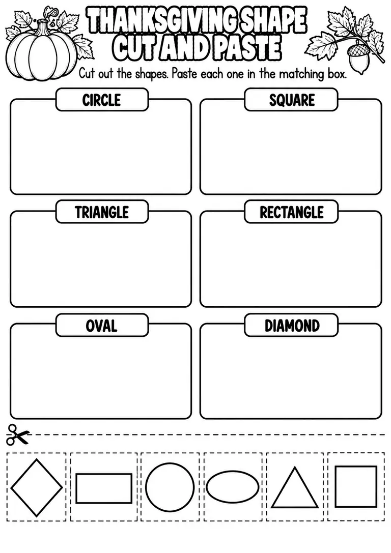 THANKSGIVING SHAPE CUT AND PASTE for Pre-K, Kindergarten, 1st Grade