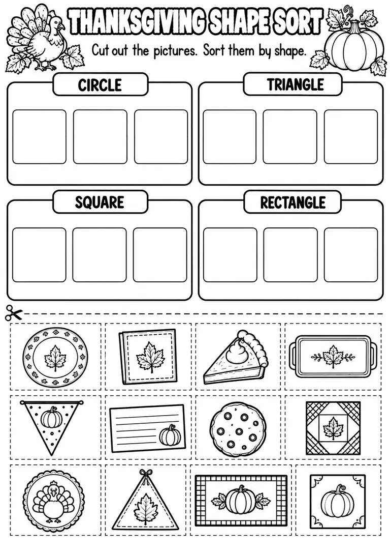 THANKSGIVING SHAPE SORT for Pre-K, Kindergarten, 1st Grade