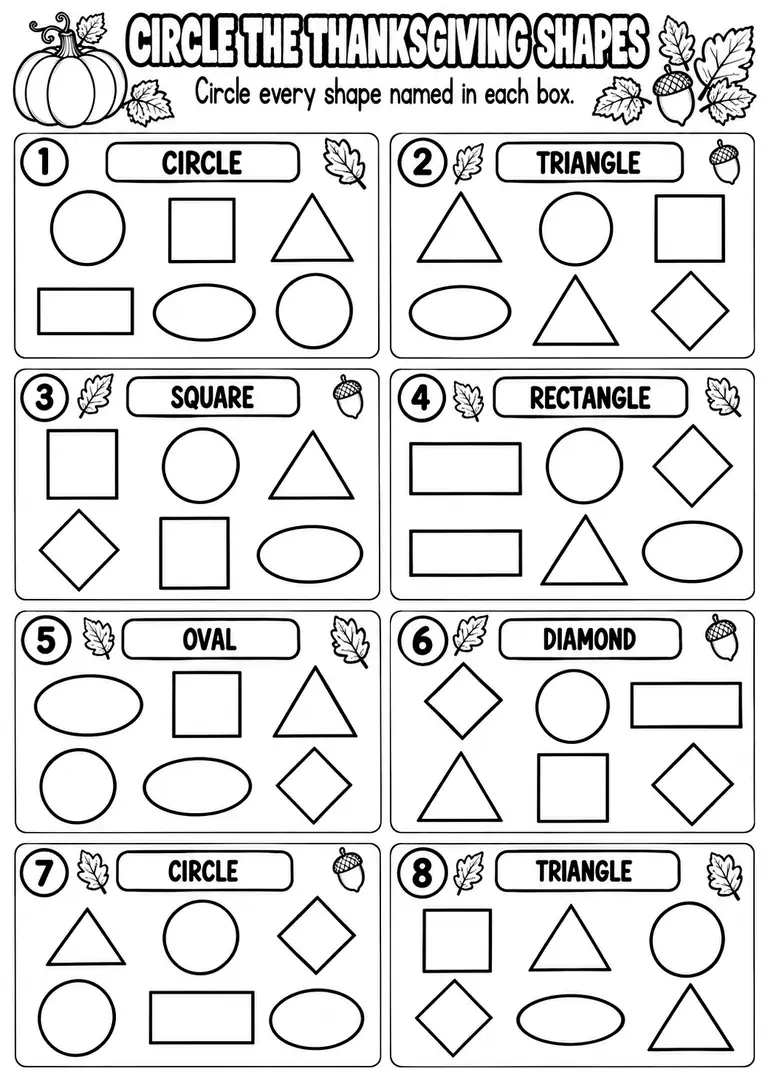 CIRCLE THE THANKSGIVING SHAPES for Pre-K, Kindergarten, 1st Grade