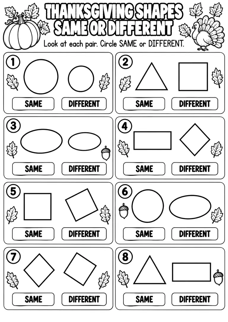 THANKSGIVING SHAPES SAME OR DIFFERENT for Pre-K, Kindergarten, 1st Grade