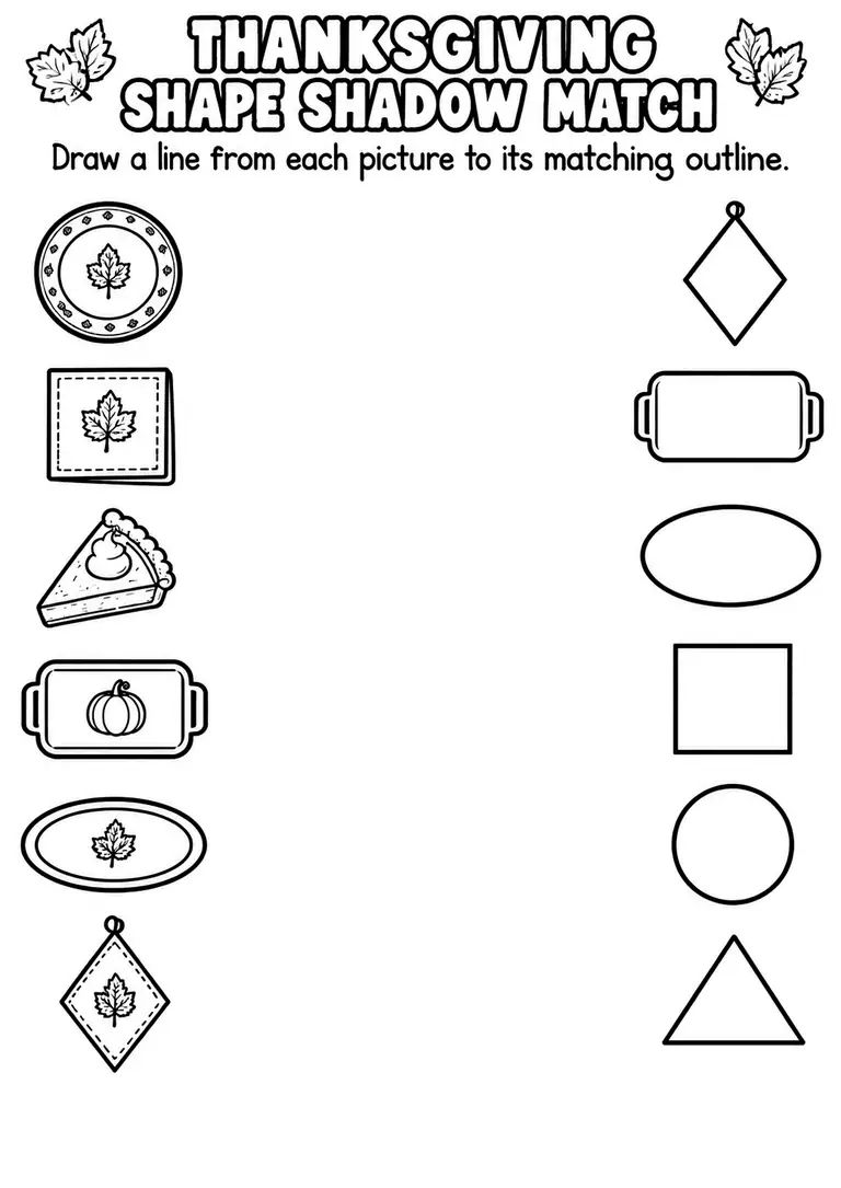 THANKSGIVING SHAPE SHADOW MATCH for Pre-K, Kindergarten, 1st Grade