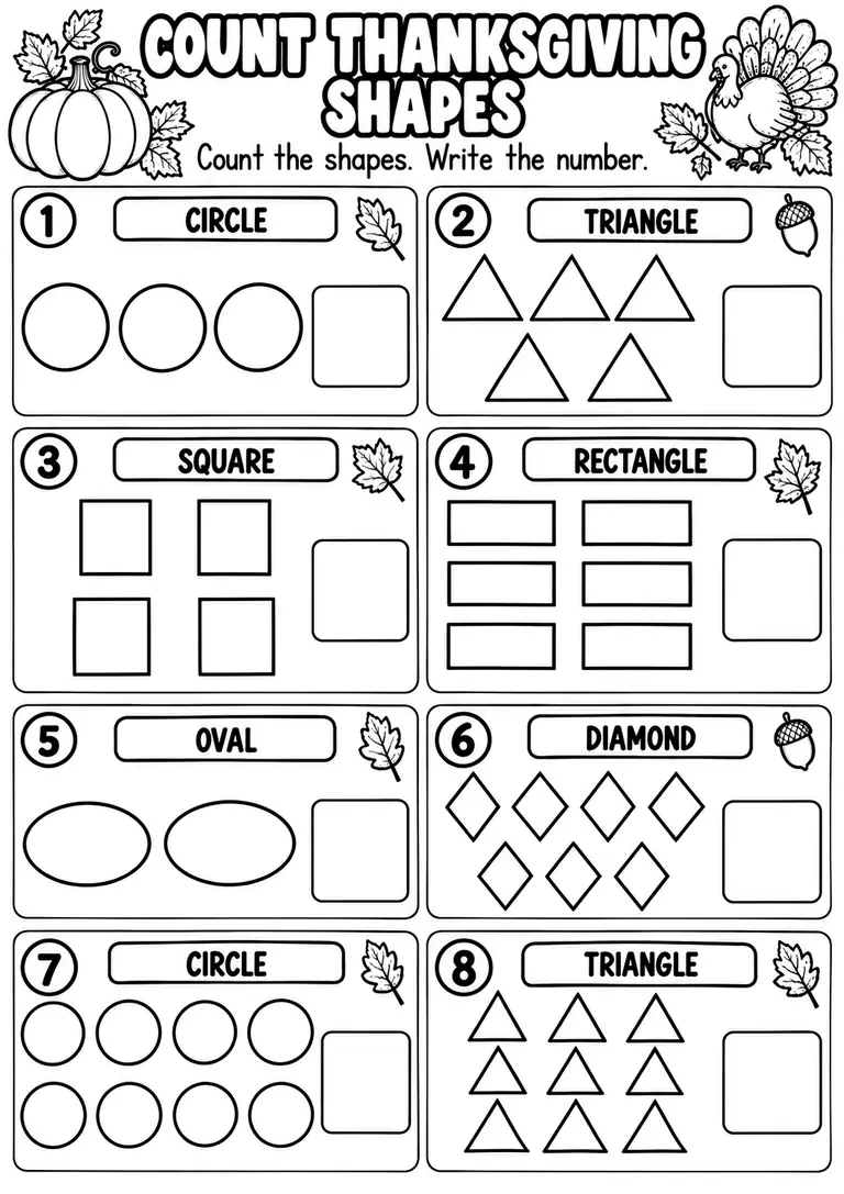 COUNT THANKSGIVING SHAPES for Pre-K, Kindergarten, 1st Grade