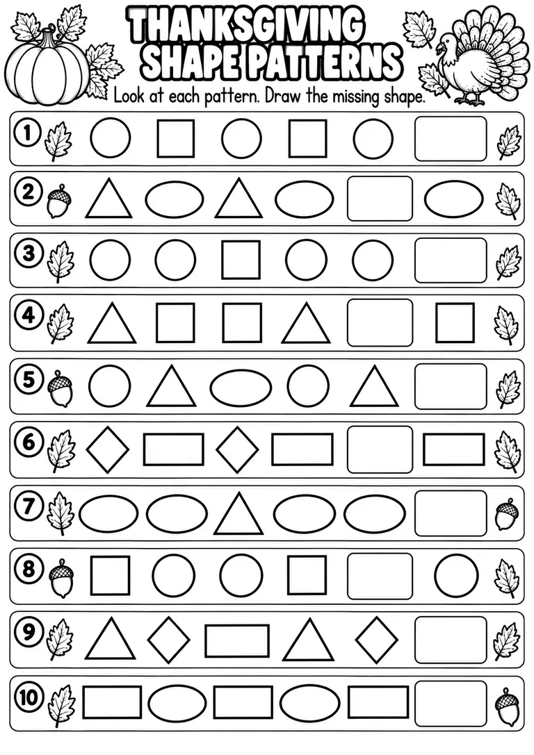 THANKSGIVING SHAPE PATTERNS WORKSHEET for Pre-K, Kindergarten, 1st Grade