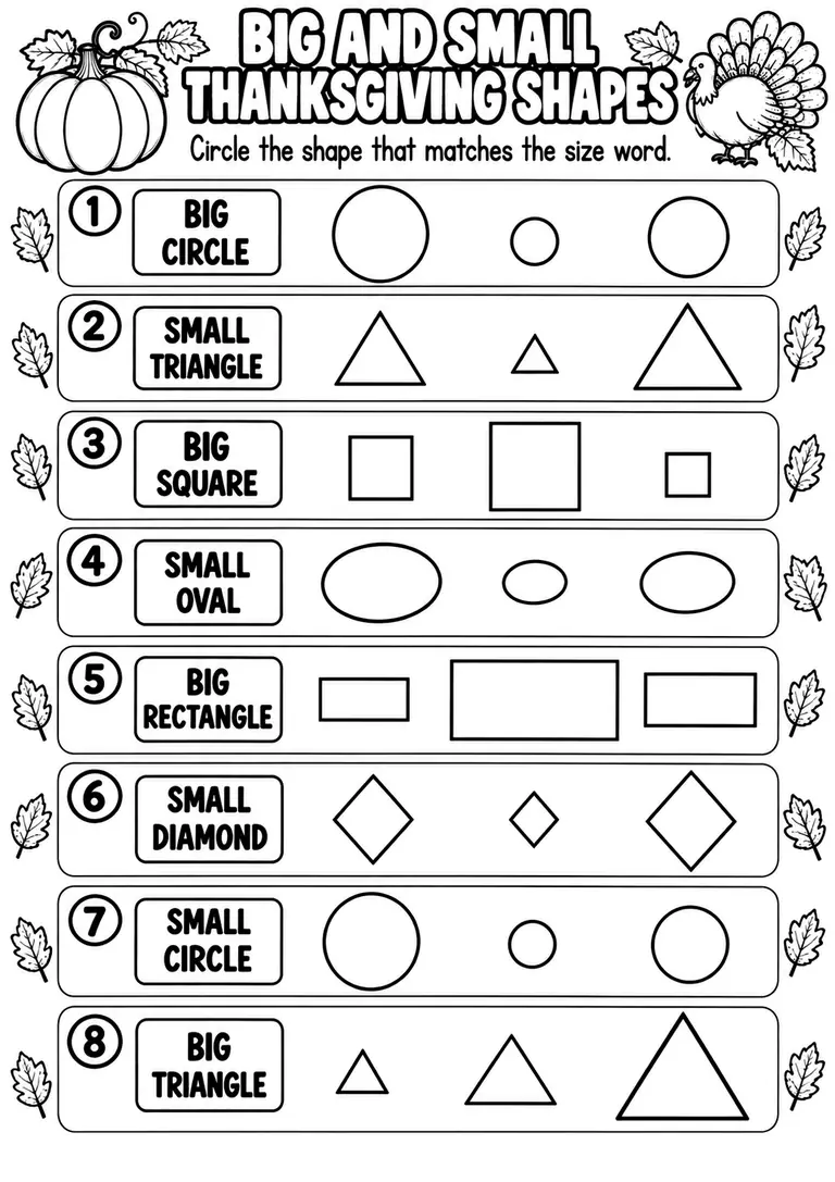 BIG AND SMALL THANKSGIVING SHAPES for Pre-K, Kindergarten, 1st Grade