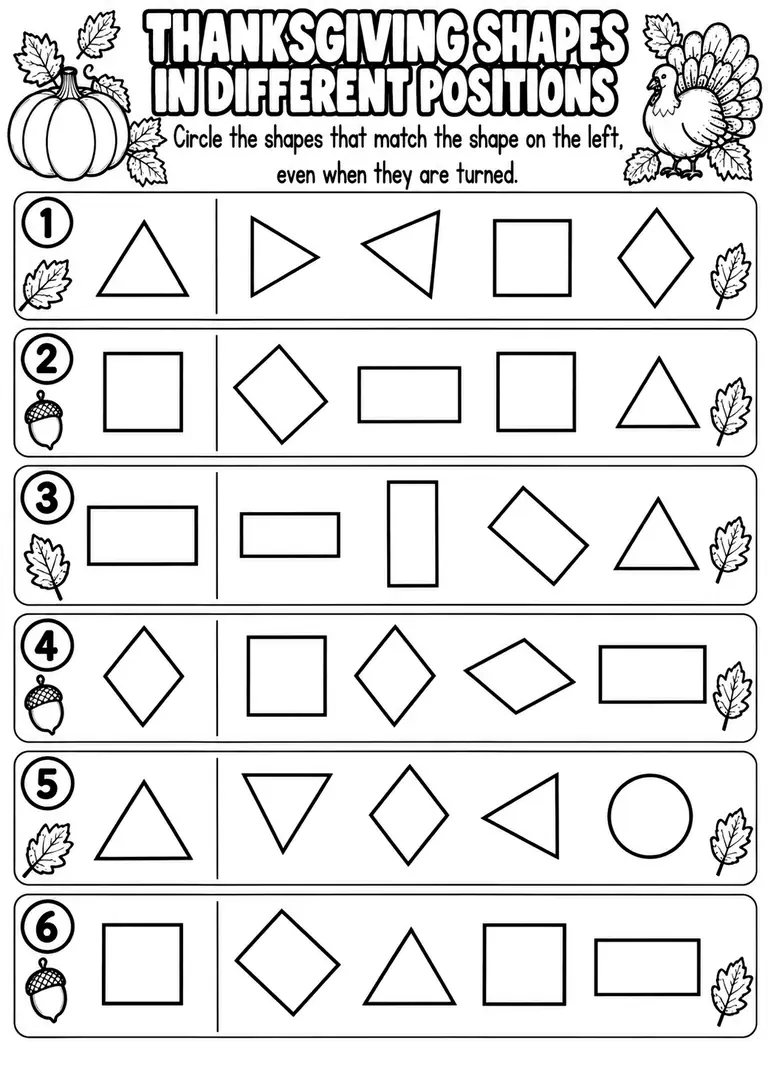 THANKSGIVING SHAPES IN DIFFERENT POSITIONS for Pre-K, Kindergarten, 1st Grade
