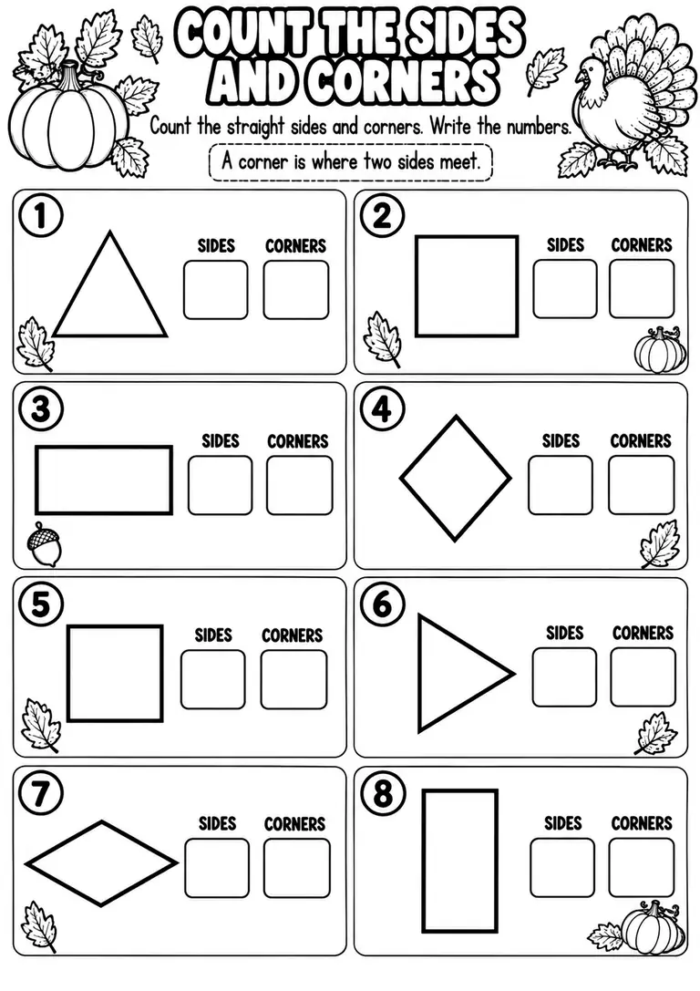COUNT THE SIDES AND CORNERS for Pre-K, Kindergarten, 1st Grade