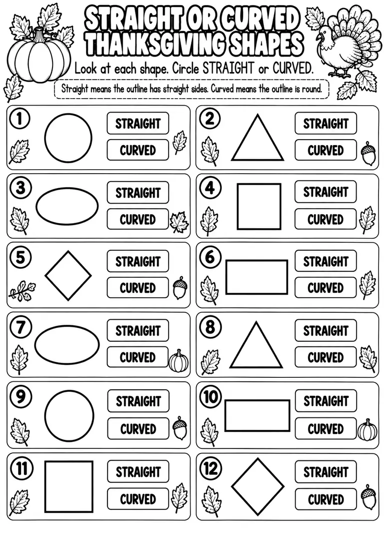 STRAIGHT OR CURVED THANKSGIVING SHAPES for Pre-K, Kindergarten, 1st Grade