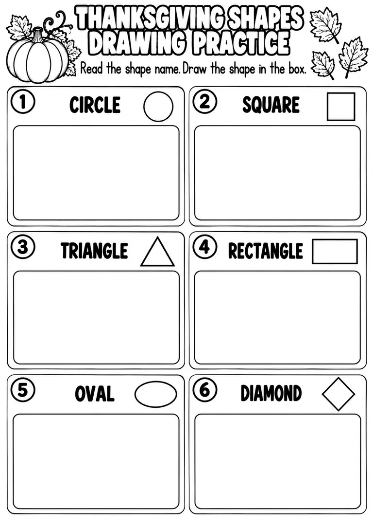 THANKSGIVING SHAPES DRAWING PRACTICE for Pre-K, Kindergarten, 1st Grade