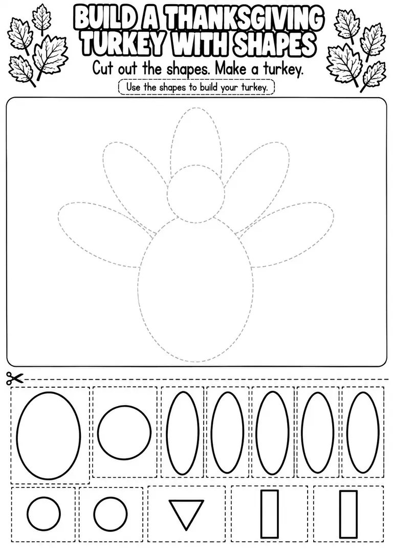 BUILD A THANKSGIVING TURKEY WITH SHAPES for Pre-K, Kindergarten, 1st Grade
