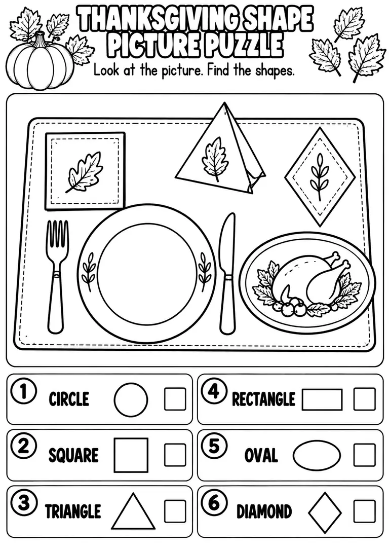 THANKSGIVING SHAPE PICTURE PUZZLE for Pre-K, Kindergarten, 1st Grade
