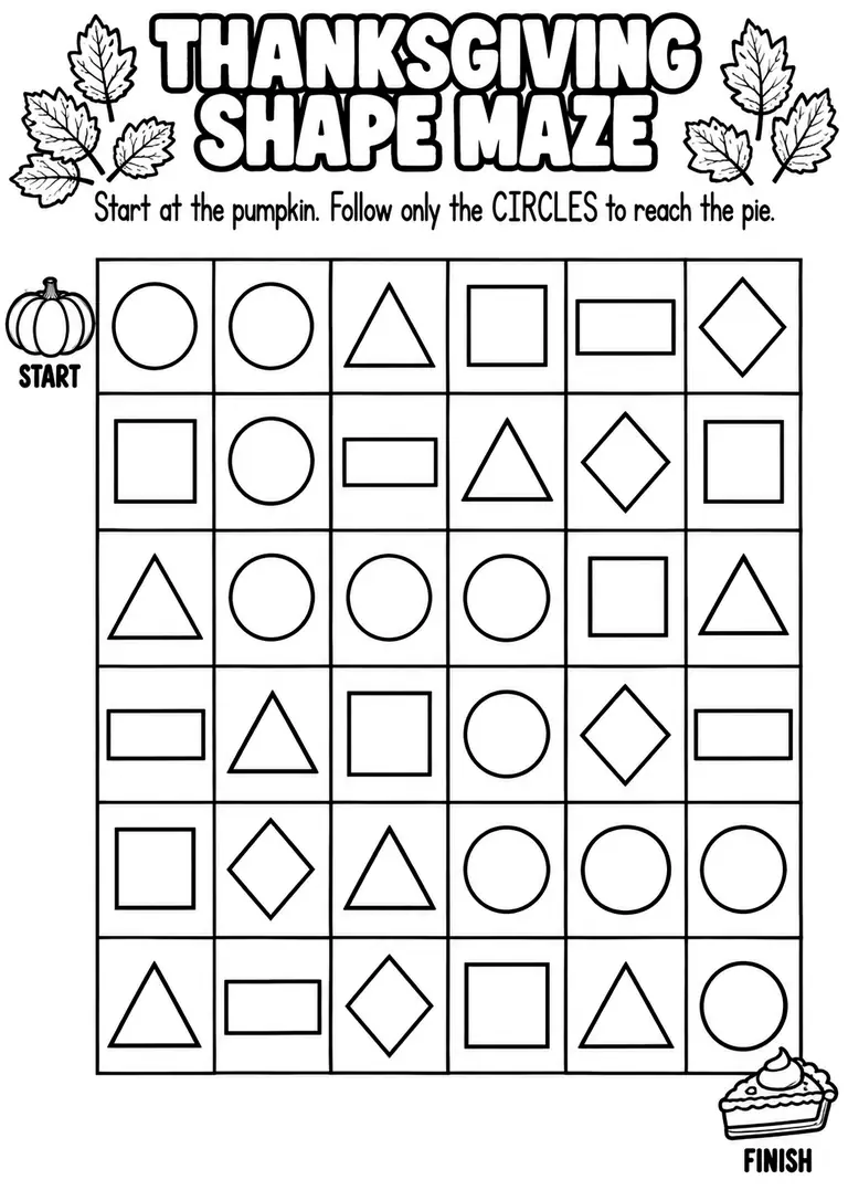 THANKSGIVING SHAPE MAZE for Pre-K, Kindergarten, 1st Grade