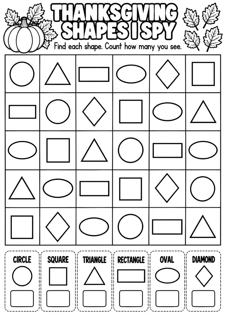 THANKSGIVING SHAPES I SPY for Pre-K, Kindergarten, 1st Grade