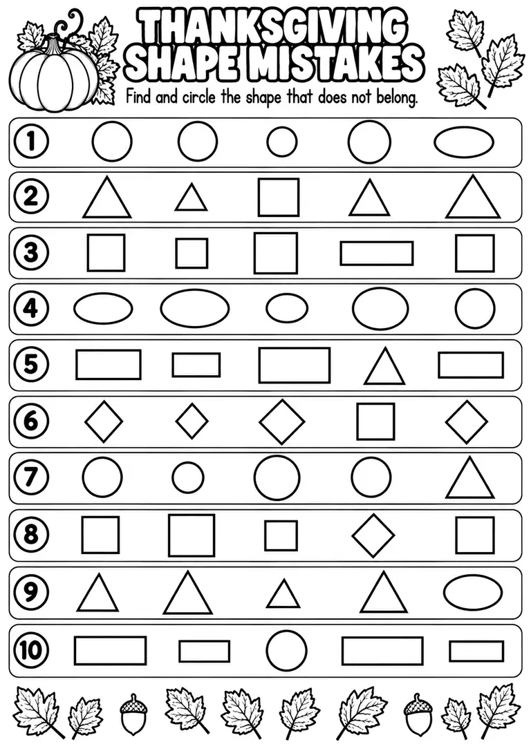 THANKSGIVING SHAPE MISTAKES for Pre-K, Kindergarten, 1st Grade