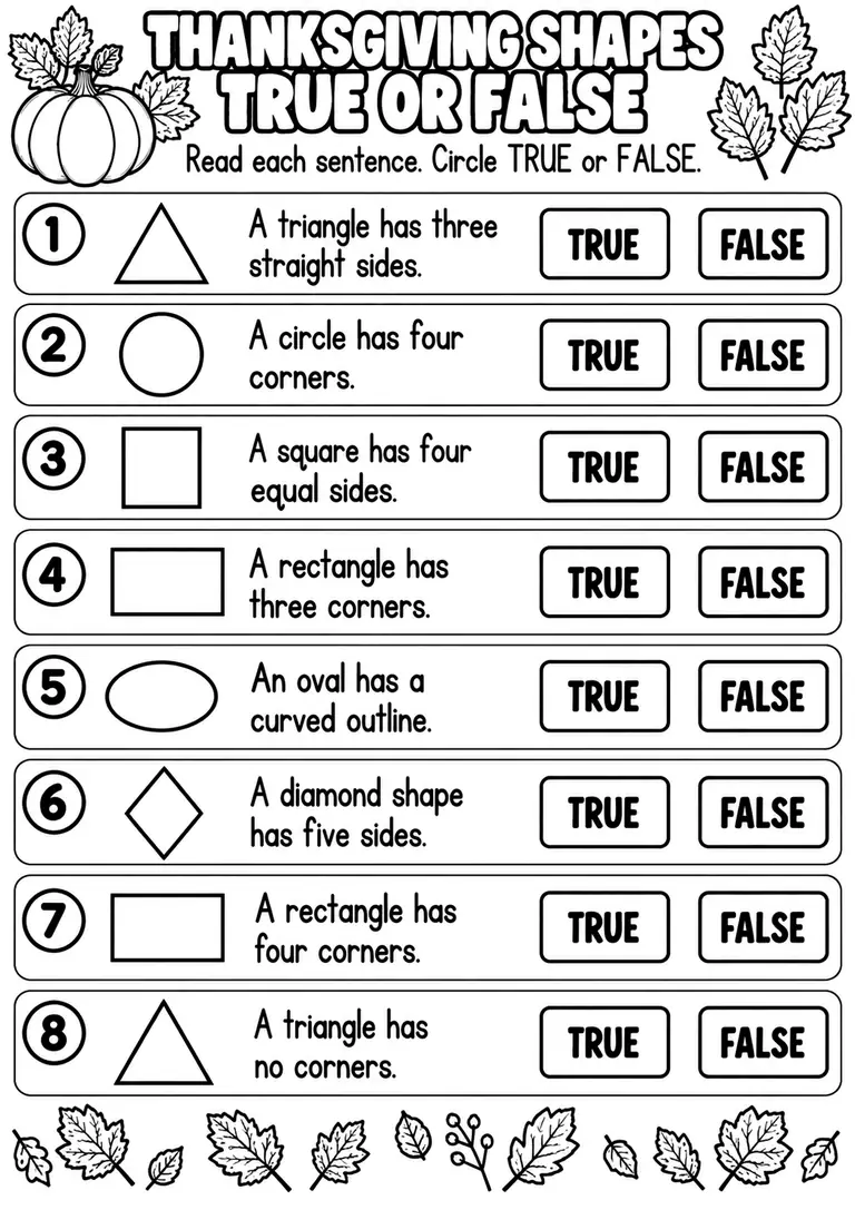 THANKSGIVING SHAPES TRUE OR FALSE for Pre-K, Kindergarten, 1st Grade