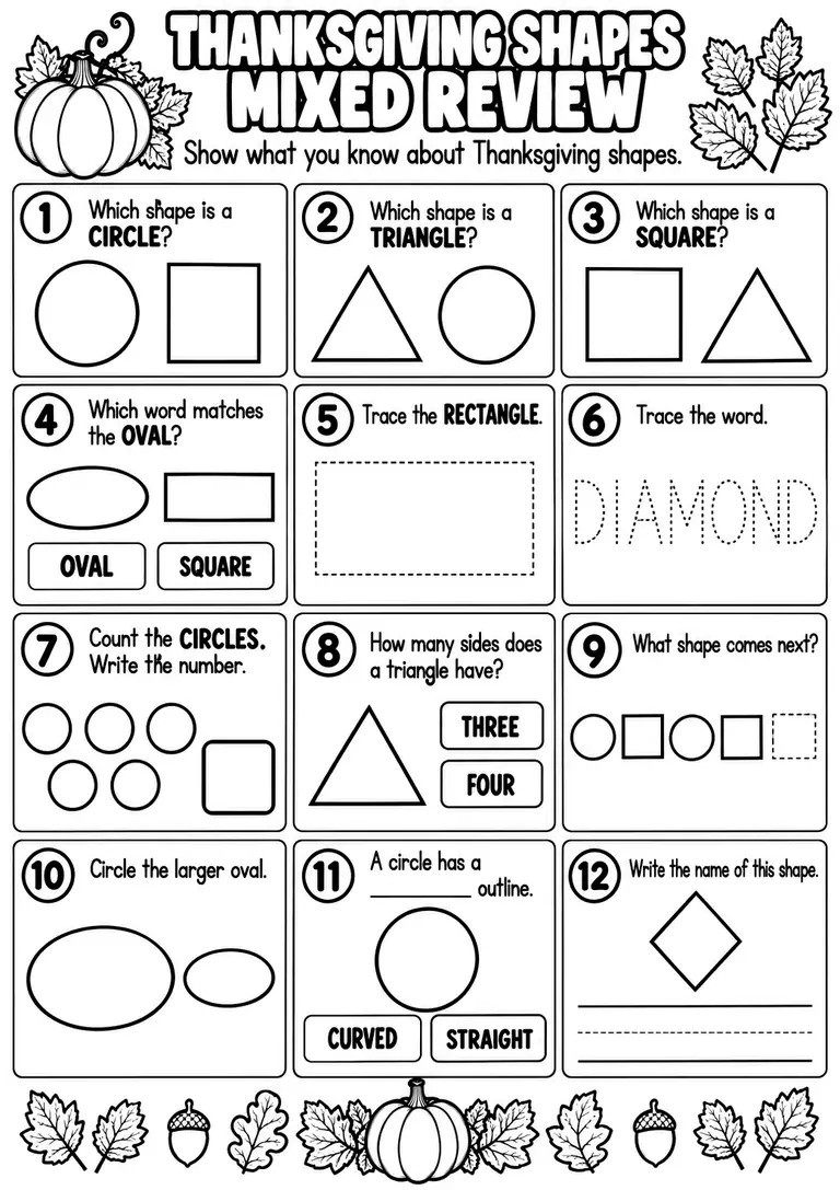 THANKSGIVING SHAPES MIXED REVIEW for Pre-K, Kindergarten, 1st Grade
