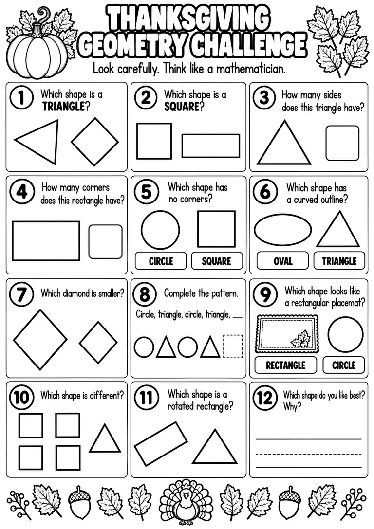 THANKSGIVING GEOMETRY CHALLENGE for Pre-K, Kindergarten, 1st Grade