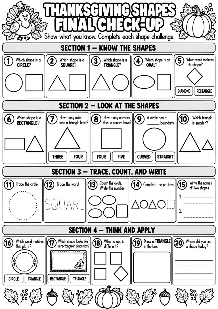THANKSGIVING SHAPES FINAL CHECK-UP for Pre-K, Kindergarten, 1st Grade