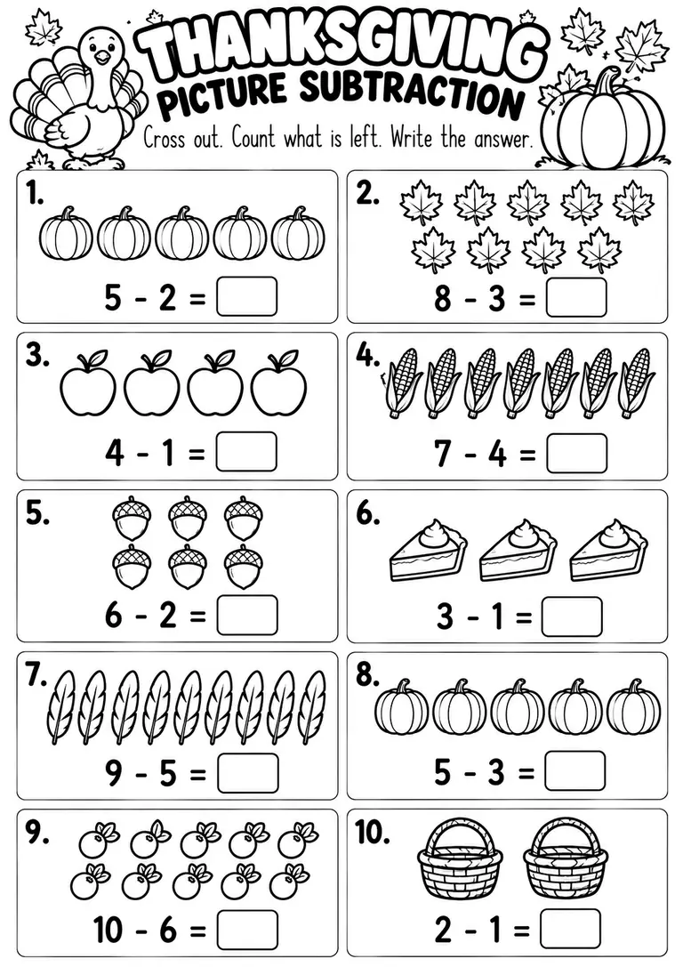 Thanksgiving Picture Subtraction WORKSHEET for Kindergarten, 1st Grade