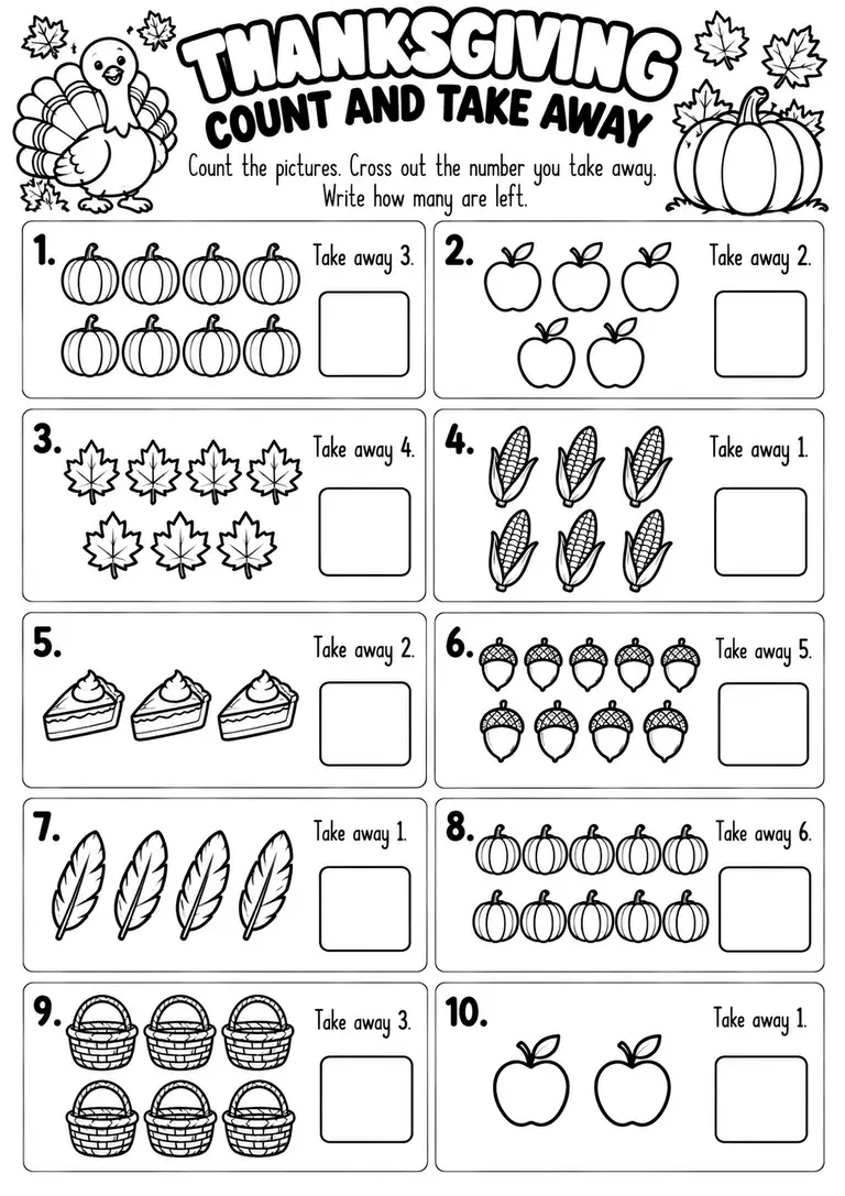 Thanksgiving Count and Take Away for Kindergarten, 1st Grade