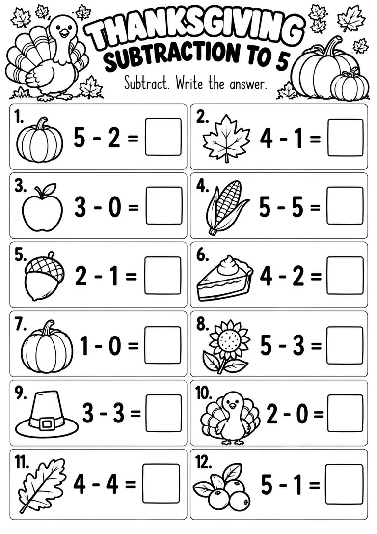 Thanksgiving Subtraction to 5 for Kindergarten, 1st Grade