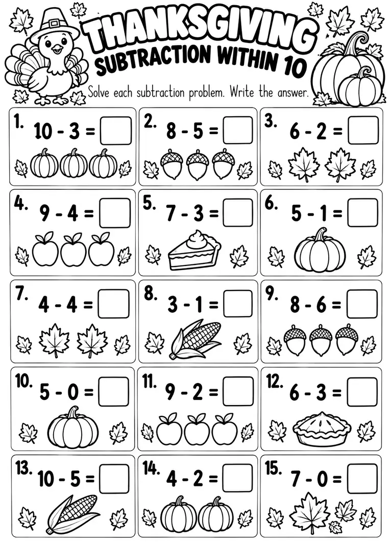 Thanksgiving Subtraction Within 10 for Kindergarten, 1st Grade