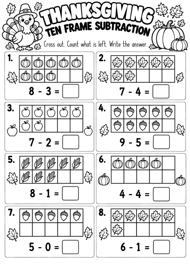 Thanksgiving Ten Frame Subtraction WORKSHEET for Kindergarten, 1st Grade