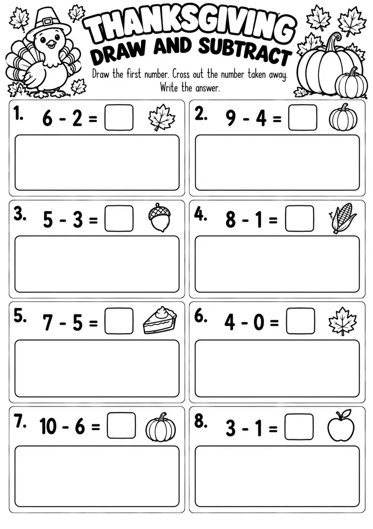 Thanksgiving Draw and Subtract for Kindergarten, 1st Grade
