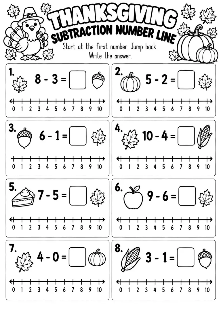 Thanksgiving Subtraction Number Line for Kindergarten, 1st Grade