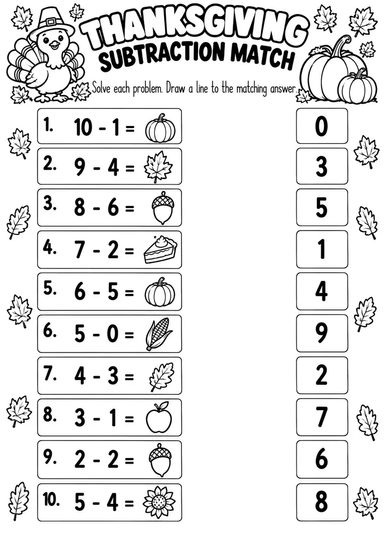 Thanksgiving Subtraction Match for Kindergarten, 1st Grade