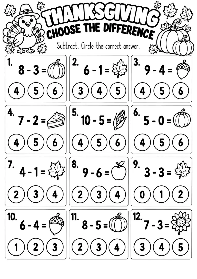 Thanksgiving Choose the Difference for Kindergarten, 1st Grade