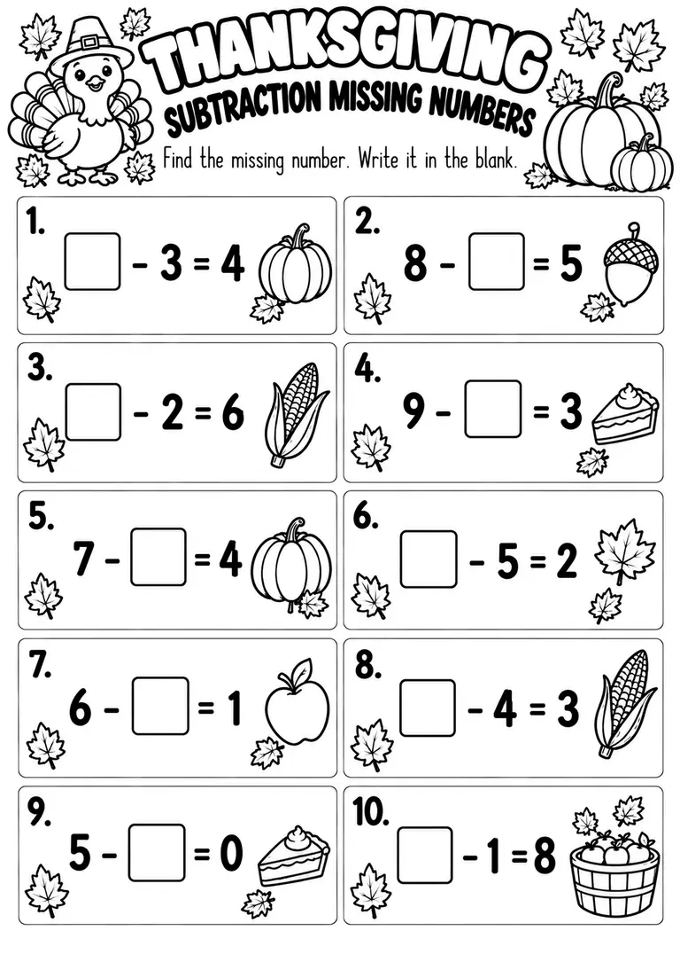 Thanksgiving Subtraction Missing Numbers for Kindergarten, 1st Grade